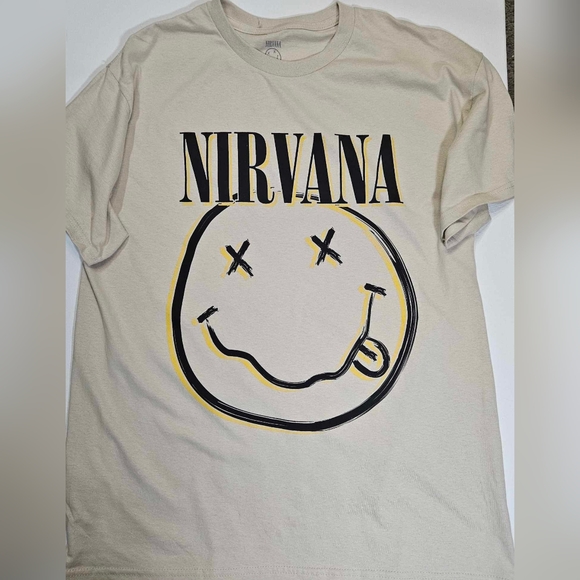 NIRVANA Men's T-Shirt Beige Tee Large Nirvana Graphic Black Yellow Cotton Band - Picture 2 of 7